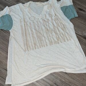 Free People Cream V-Neck Tee with Blue Sleeves we the free